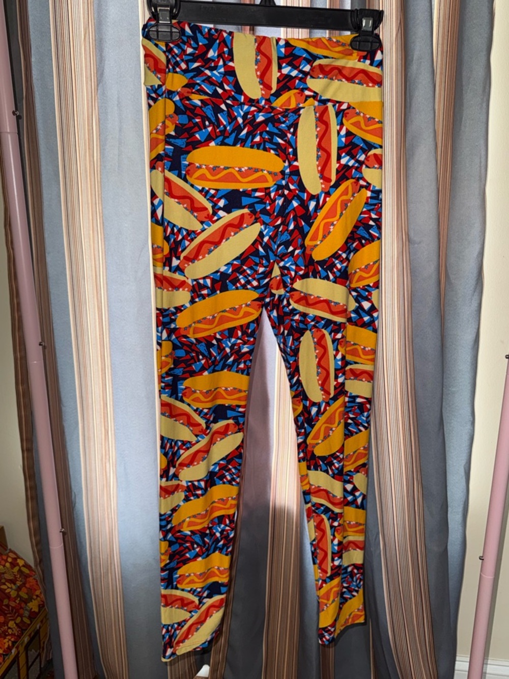 LuLaRoe Multicolor Abstract Hot Dog Print Leggings - Blue Red Yellow One Size